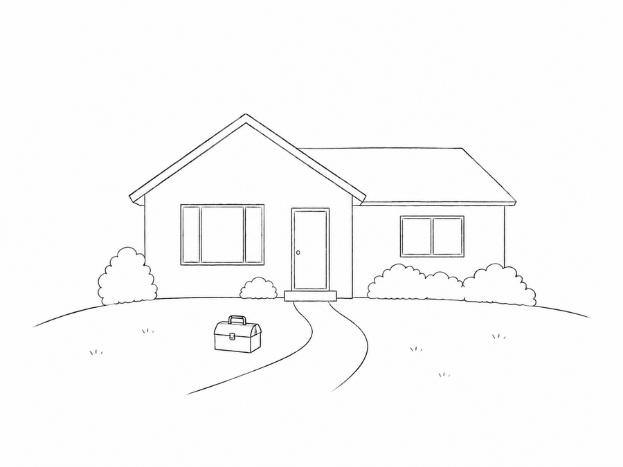 Sparse pencil sketch of a house and front lawn representing home services