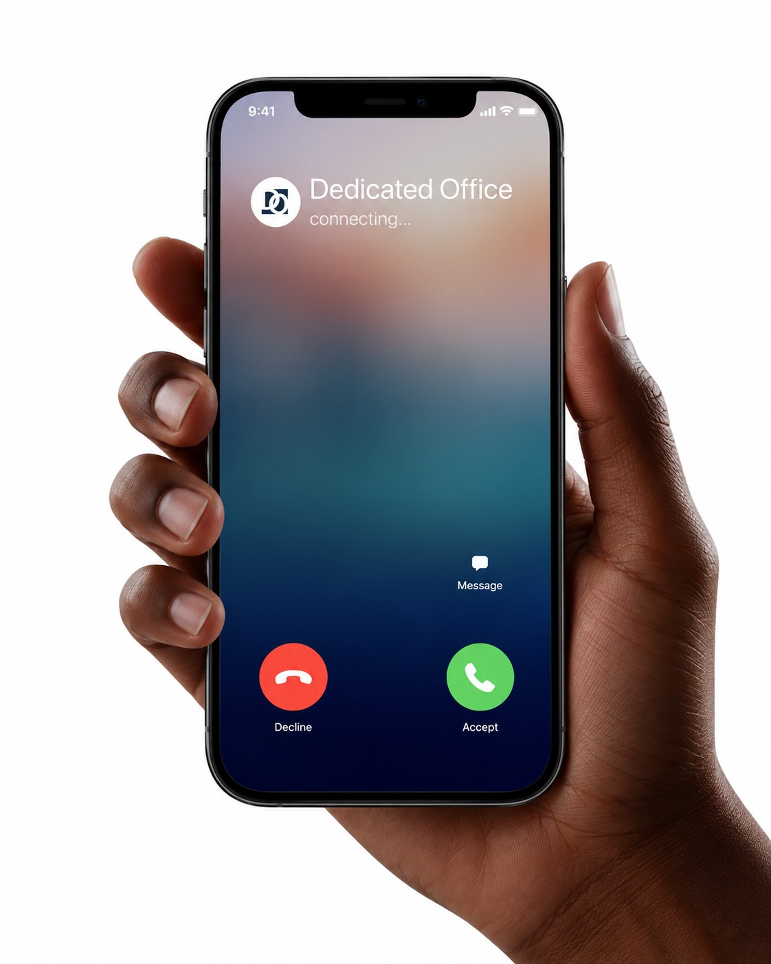 One hand holding a phone with an incoming Dedicated Office call